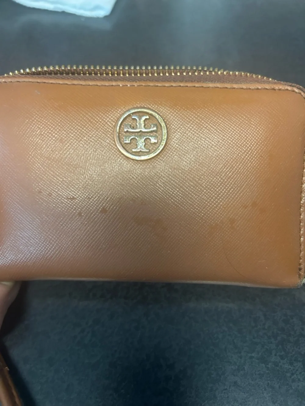 Tory Burch Cognac Leather Wristlet with Gold Logo